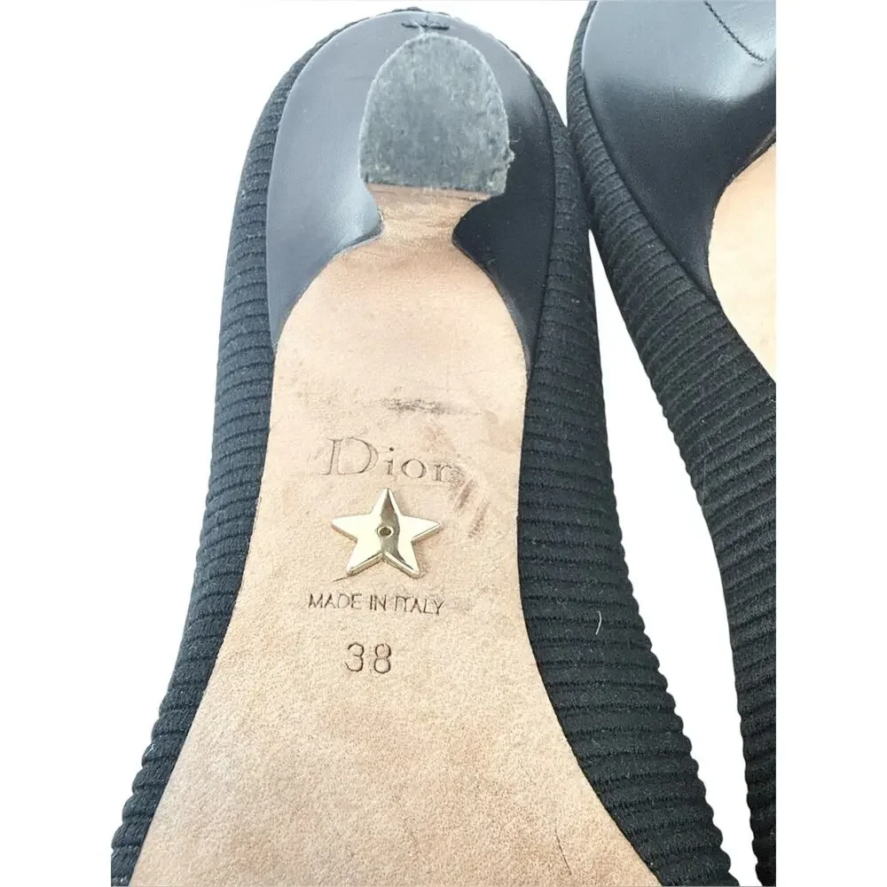 Dior J’Adior Logo Ribbon Black Canvas Slip On Pointed Toe Pumps Size 38